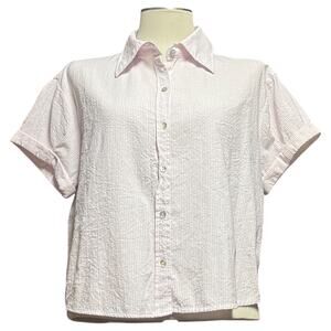 Passport Short Sleeve Button Up Top Pink White Seersucker XL